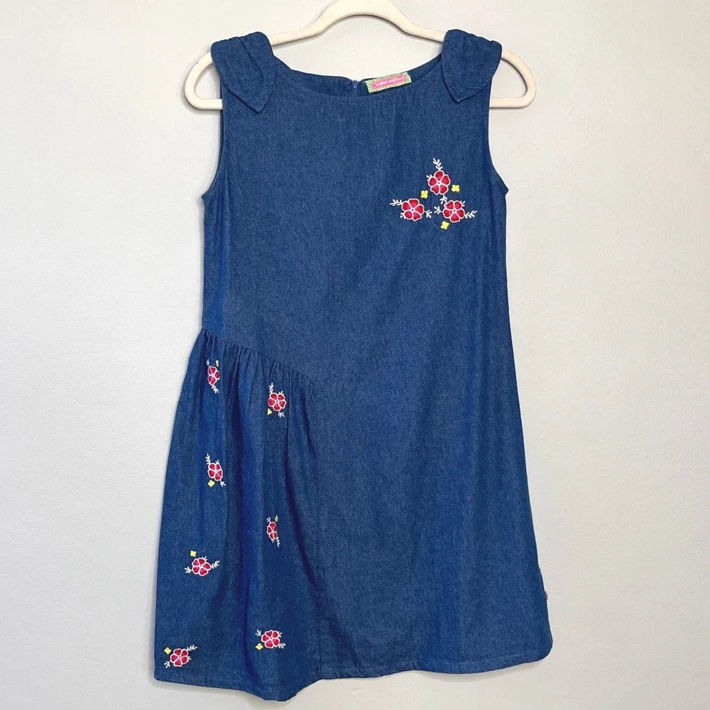 Sophie and Sam Girls‎ Denim Dress Floral Embroidered Sleeveless Size 14Y Blue